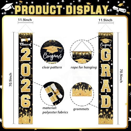 Image of 2026 Graduation Porch Sign Banner Black Gold | Class of 2026 Congrats Grad Porch Sign Banner Hanging Flag Graduation Party Decorations for School College Classroom Decor