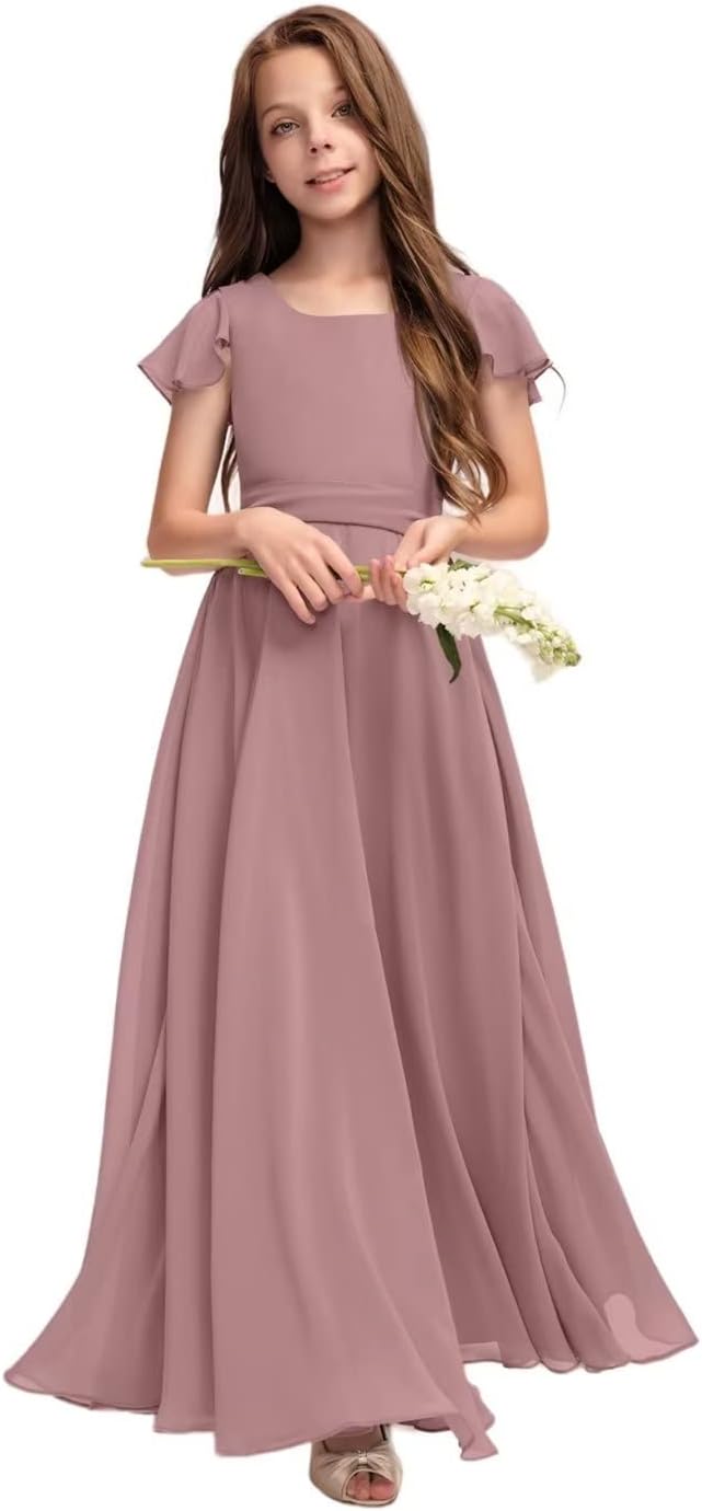 A-line square long chiffon junior bridesmaid dress flower girl dress for  wedding - Main Image