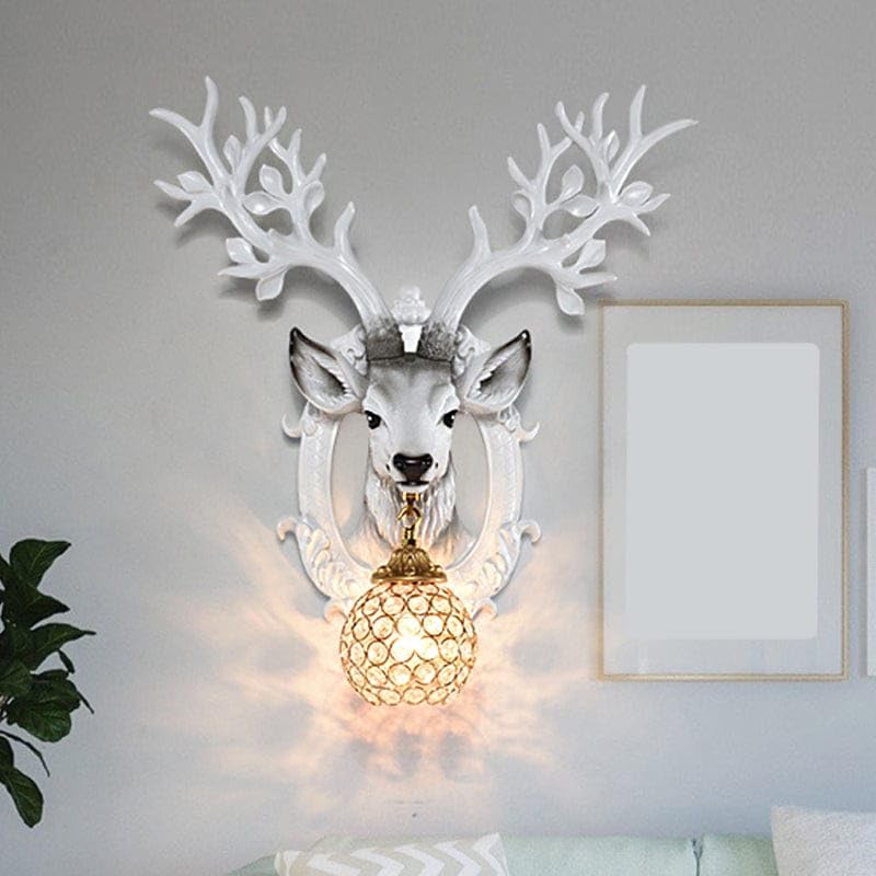 Image of Deer Head Wall Sconce with Crystal Ball Shade, White Resin Antler Wall Light, Rustic Lodge Decor Lamp for Living Room, Bedroom, Hallway, Entryway, Nordic Style Wall Mounted Fixture, 56x51cm