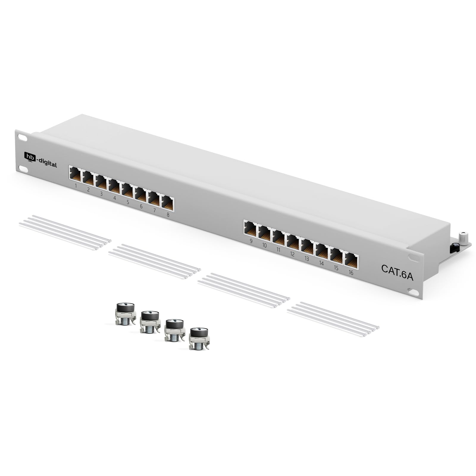 HB-DIGITAL 16 puertos Cat 6a LSA - Panel de conexión apantallado, color blanco Cat.6a (500 MHz) 19 pulgadas, montaje en rack 1HE 16x RJ45 hembra Professional, TIA568A o TIA568B