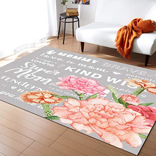 Alfombras De Área Flor De Clavel del Día De La Madre En Flor Gris Resistente Felpudo Entrada Casa Atrapar Suciedad,Lavable Alfombrilla para Exterior Terraza Tienda 120X160Cm