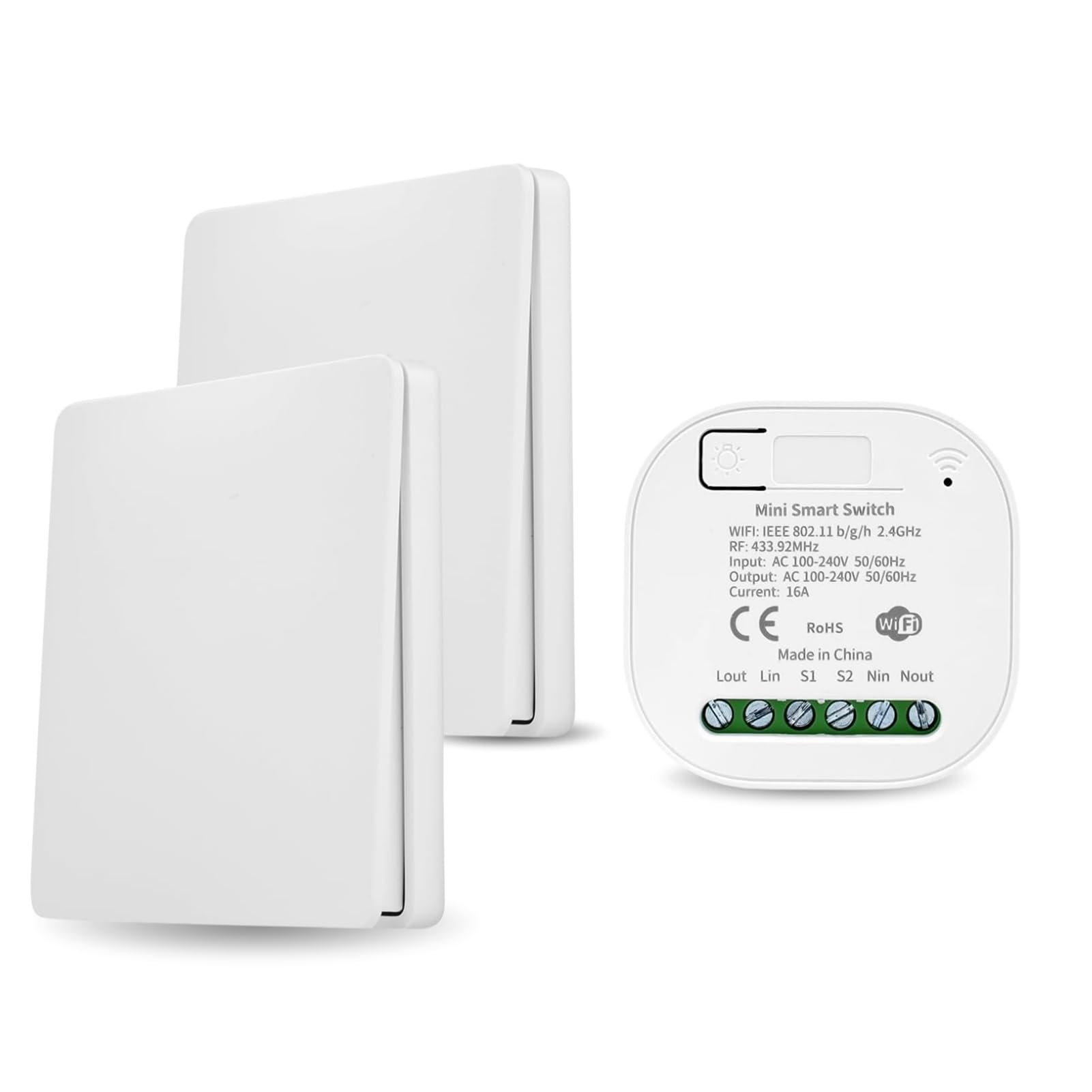 DEWIN Interruttore Wireless 16A 100-240V Interruttore Senza Fili Mini Smart Switch RF 433MHz,Compatibile Alexa/Google Home(2 Interruttori)