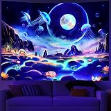 Amtoodopin Blacklight Galaxy Space Tapestry UV Reactive Jellyfish Moon Tapestry Trippy Mountain Plan