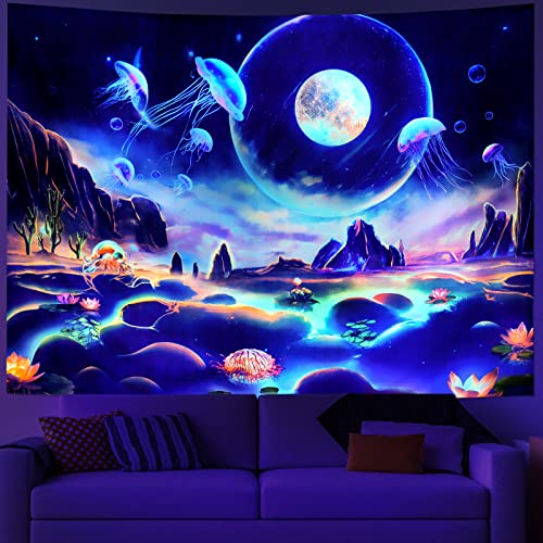 Amtoodopin Blacklight Galaxy Space Tapestry Uv Reactive Jellyfish Moon Tapestry Trippy Mountain Plant Wall Tapestry Magic Lake Floral Tapestry Wall Hanging For Bedroom Home Decor #TOP12