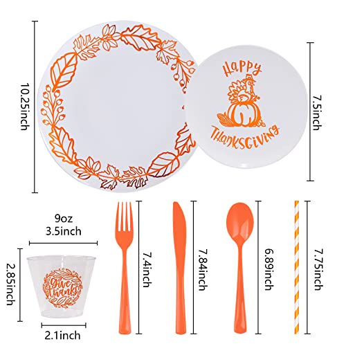 Isfangco 175Pcs Thanksgiving Plastic Plates Disposable Dinnerware Set Leaves White Dinner Plates Gold Turkey Pumpkin Dessert Plates Orange Silverware Give Thanks Cups Orange Straws For 25 Guests Party #TOP1