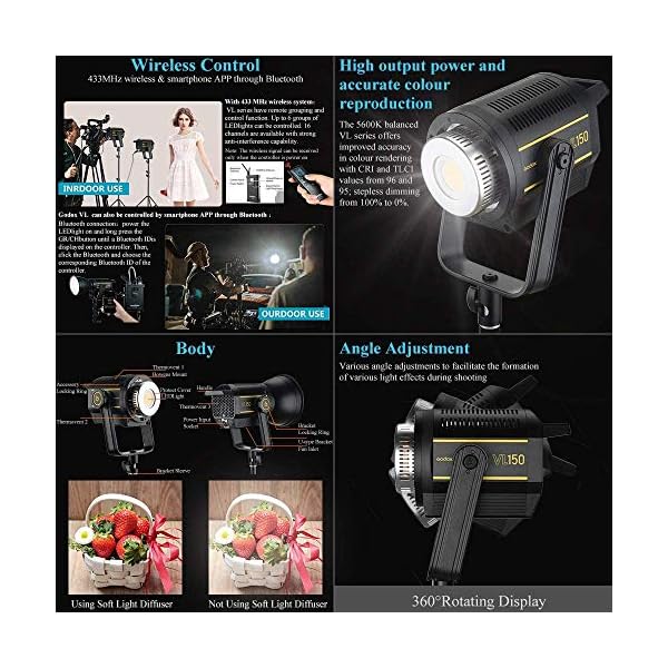 Godox VL150 LED Videoleuchte, 150W 5600K Bowens Mount mit Barndoor,CRI 96 TLCI 95，0% -100% Dimmbar, mit V-Mount Platten… – Bild 3