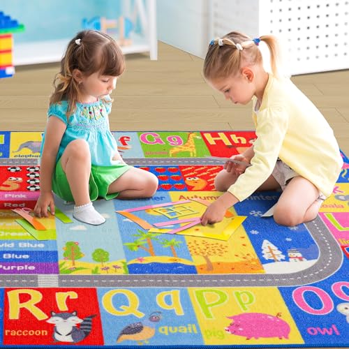 Flagover Kids Rug for Playroom Classroom, ABC Alphabet Numbers Play Toddlers Rugs, 3x5 Learning Educational Bedroom Floor Mat, Washable Baby Carpet for Boys Room, Nursery, Preschool, Daycare