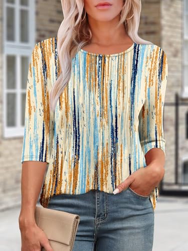 KISSMODA Tunic Tops for Women Loose Fit Dressy Round Neck Pleated 3/4 Length Sleeve Spring Tops