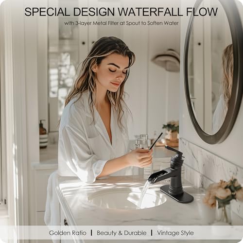 HEYMYTAP Matte Black Bathroom Faucet 1 Hole, Brass Waterfall Bathroom Faucets 3 Hole 4 Inch Single Handle with Pop-up Drain, Deck Plate, Pre-Installed cUPC Hose for Lavatory, Farmhouse, 5 Mins Install by HEYMYTAP - Used condition - Image 2