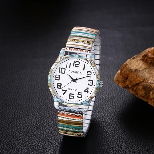 OIDEA Stretch Band Watches for Women: Bohemia Flower Easy Reader Elastic Band Watch Large Face Big Number Analog Quartz Bracelet Watch Expansion Band Wristwatch - Image 6