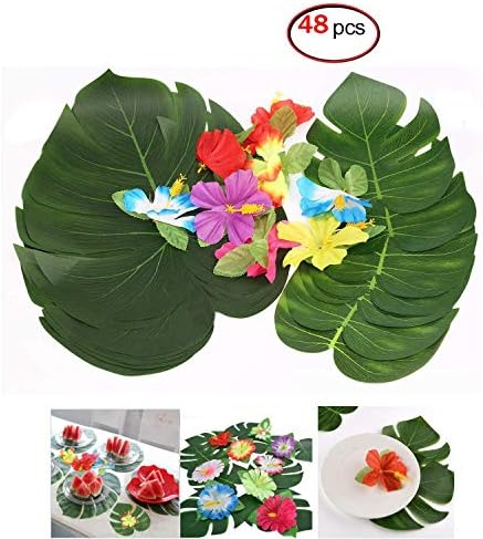 Party Tropical Leaves, 48 PCS Artificial Plant Leaves,Monstera Palm Leaves Decoration,Polyester Leaves and Flowers Plants Supplies for Birthdays(big leaves 12pc+ small leaves 12pc +flowers 24pc)