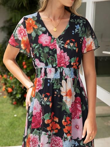Image of Simplee Womens Floral Maxi Dress - Short Sleeve Summer Boho Wedding Guest Dress Empire Waist Chiffon Modest Midi Dresses