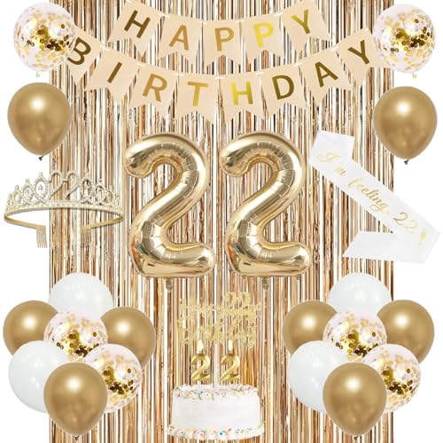 Image of Trgowaul 22nd Birthday Decorations for Her, Champagne Gold Happy 22nd Birthday Supplies for Girls, 22 Sash and Crown, Banner, Fringe Curtains, Cake Topper, 22 Year Old Party Supplies Set