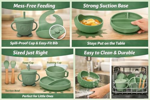 Image of SJC Global - 6 PCS (Green) Silicone Toddler Adjustable Tableware Set | Suction Bowl, Plate, Spoon, Fork, Bib & Cup for Babies | Silicone Baby Feeding Kit for Infants | BPA Free Food Grade