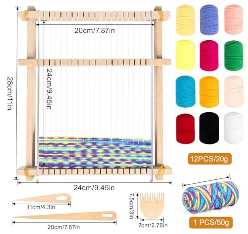 Homewit Webrahmen Kinder, 24 X 28 cm Hochwertiger Holz Große Webstuhl Set für Webstuhl für kinder ab 4 6 8 10 Jahre und Anfänger, Enthält Genug Reichlich Garn zum Stricken