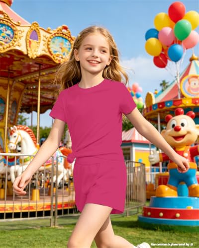 Image of Bestuline Girls Summer 2 Piece Outfits,Basic Short Sleeve Top & Shorts Set with Side Pockets,4-14Y