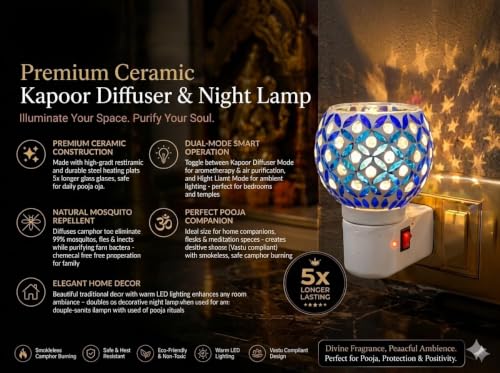 Image of RUPIKA | Electric Ceramic Aroma Diffuser Kapoor Dani | Camphor Diffuser Incense Burner Holder Kapoor Dani with Night Lamp for Home, Office (Blue)