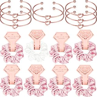 8 Pieces Satin Hair Scrunchies Bridal Shower Scrunchy Hairbands and 8 Pieces Bridesmaid Bracelets with I Can't Tie The Knot Without You Bridesmaid Cards (Pink and White Scrunchies)