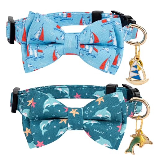 Gelwoo 2 Pack Breakaway Cat Collar with Removable Bow Tie and Bell for Boy Girl Cats Cute Cotton Kitten Collar with Purple Lavender and Red Flower Pattern for Female Male Cats (Dolphin&Sailboat)