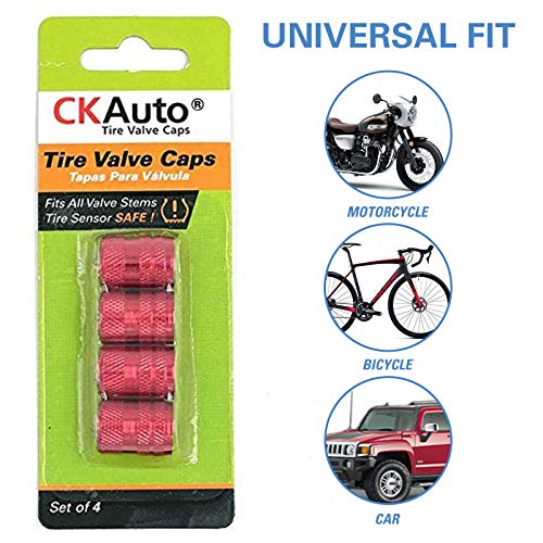 Image of CKAuto Tire Valve Stem Caps, Anodized Aluminum Tire Valve Cap Set | Corrosion Resistant, Universal Stem Covers for Cars Trucks Motorcycles SUVs and Bikes (Red-US)