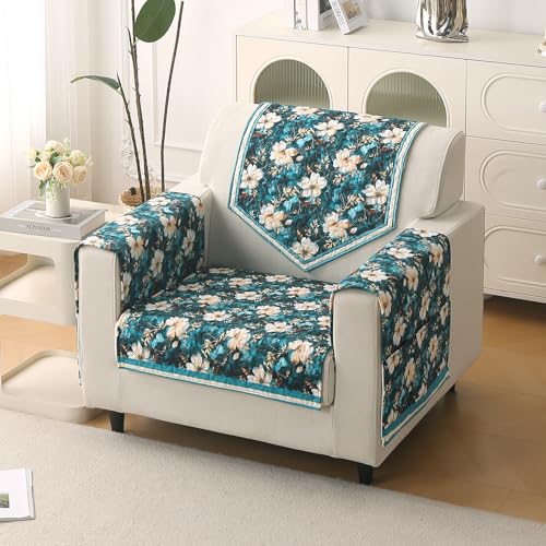 HOKIPO 'Florentina Series' Complete Sofa Cover Set (Seat+Back+Arm) for 1 Seater Sofa | Premium Holland Velvet Sofa Mat + Foam Filling + Anti-Slip Backing, Pansies Teal (IN-878+876 * 2+877-V5)