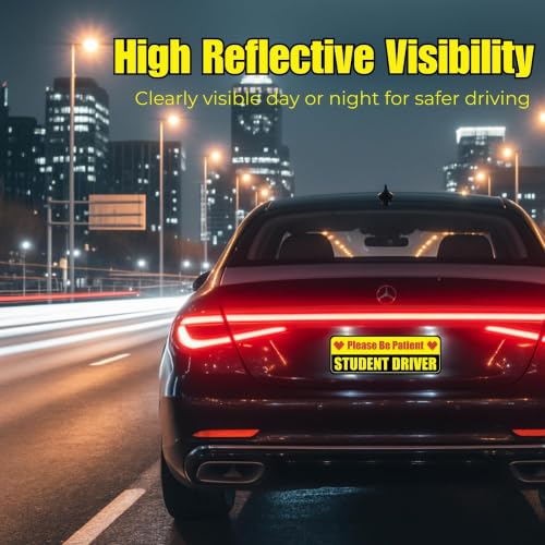 Image of Lusinus Student Driver Magnet for Car - Reflective Funny Magnetic Bumper Sticker Set - Removable Novice Driver Safety Attention Sign - Weather-Resistant (Heart Icon - 3pcs)