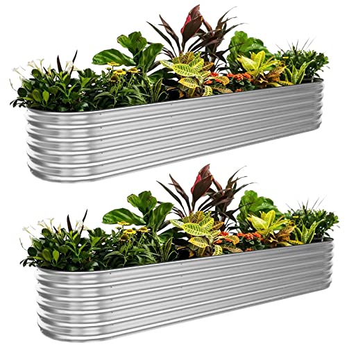 Garsence Galvanized Raised Garden Bed Outdoor 8ft X 2ft X 1ft 12 in 1 Metal Modular Raised Garden Planter Raised Bed for Growing Flowers Herbs Vegetables Bed Raised, Silver, 12" Tall, 2 Pack