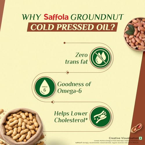 Image of Saffola Cold Pressed Groundnut Oil | 100% Cold Pressed Groundnut Oil | Unrefined, 0 trans fat, Chemical free | Helps Lower Cholesterol, Goodness of Omega 6 & Authentic Seed Flavour | 1L Pet Bottle