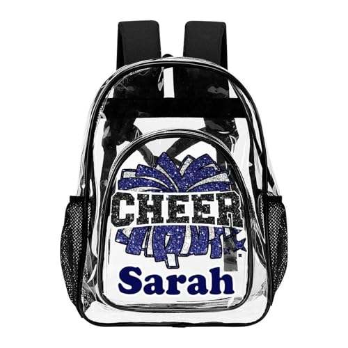 Custom Name Cheerleader Glitter Print Clear Backpack, Personalized PVC See Through Transparent Bookbag for Boys Girls, Waterproof Cheer Navy Daypack for Concert, Travel
