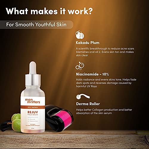 Image of Man Matters REJUV 10% Niacinamide Face Serum 30ml and Derma Roller for Men | 10% Niacinamide & 2% Kakadu Plum (Purest form of Vitamin C) | Reduce Acne, Acne Scars, and Dark Spot