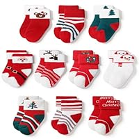 GENTABY 10 Pairs Baby Christmas Socks Boys Girls Toddlers Newborn Kids Thermal Socks with Cute Animal Cartoon Designs Warm Cosy Breathable for 0-6 months