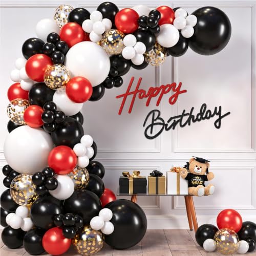 Image of TONIFUL Happy Birthday Sign for Backdrop - Glitter Black Red Felt Banner - Includes Dot Glue - Perfect for Birthday Party Backdrop,Wall Decr,Balloon Arch,Photo Background