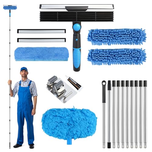 Feelhap Limpiacristales con Mango Extensible 4.3 M, Limpiador de Ventanas 4 en 1 Limpia Cristales Ventanas, Kit Limpiacristales Telescopico Profesional con Escobilla de Silicona & Paños de Microfibra