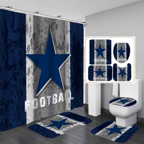 Namdeva 4PCS Sports Shower Curtain Set Vintage American Football Texas Star White Quotes Grey Navy Blue Striped Touchdown Cool Modern Bathroom Decor Non-slip Bath Mat Rug Gifts for Men Teenage Boys