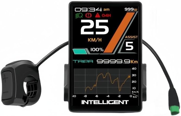 mGYDY 865C E-Bike LCD Color Display showing speed, battery, assist level, and power output with handlebar controller.