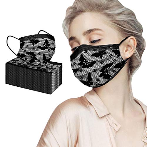 Adult Black Lace Disposable Face_Masks, 50Pc Colorful Lace Pattern 3 Ply Full Face Cover Protection Breathable Light Weight (03 Black Butterfly, 50Pc) #TOP1