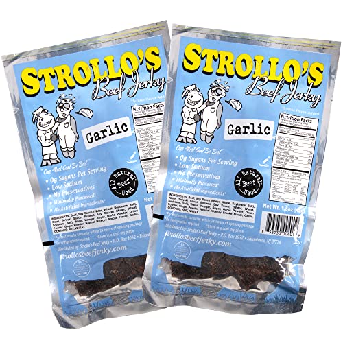 Strollo's Beef Jerky Snack Packs - Garlic 2 Pack - Low Sodium, Low Sugar, Low Carb - Made with All Natural USA Beef, USDA Certified- 1.5oz Per Bag