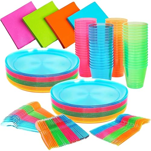 kedudes Disposable Neon Glow Party Tableware Kit, 384-Piece Neon Table Setting in Multiple Neon Colors, Premium Quality Plastic for Neon Party Decorations, BPA-Free, Complete Glow Party Supplies