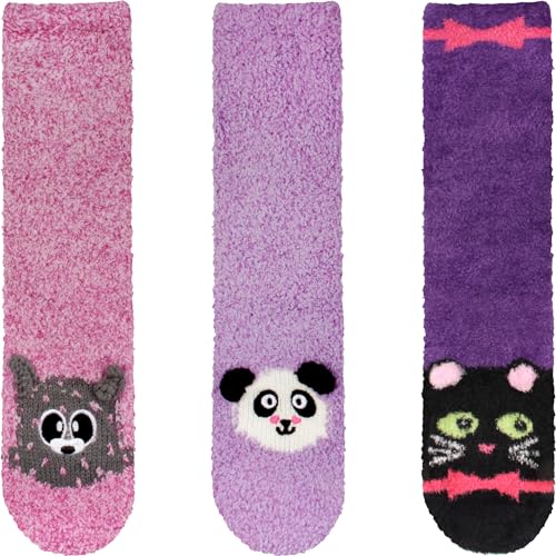 Image of BambooMN Super Soft Warm Cute Animal Face Non-Slip Fuzzy Crew Winter Home Socks, Value Pack