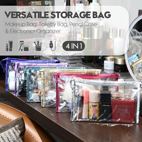 Sea Team 6-Pack Transparent Waterproof Makeup Bags with Zipper, Clear Vinyl Plastic Cosmetic Case, Portable Travel Toiletry Pouch, Organizer, Pencil Case (Colorful, Small/8.9")3