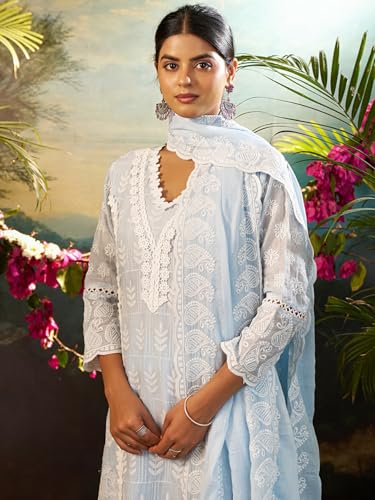 Image of INDO ERA Women's Straight Pure Cotton Ethnic Motifs Embroidered Kurta & Pant with Dupatta Set (IEOUT10190)