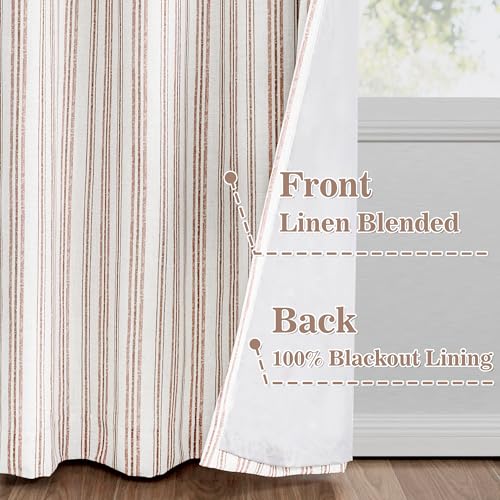 Image of MYSKY HOME Taupe Striped Curtains 100% Blackout Tan Stripe Patterned 96 Inches Long Farmhouse Rustic Linen Blend Double Layer Drapes for Bedroom Living Room, Grommet, 2 Panels, 52 inch Wide