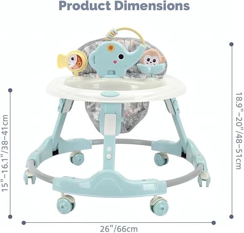 Baby Walker with Wheels, 4 in 1 Walker for Baby Boy Girl 6-12 Months with Bouncer, Music and Lights Baby Jumper Activity Center, Adjustable Height Speed, Push Walker for Toddler (Blue Elephant)