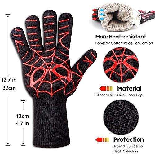 Bbq Gloves, 932°F Heat Resistant Oven Mitts & Potholders, Non Slip Grilling Gloves With Spider Man Pattern #TOP2
