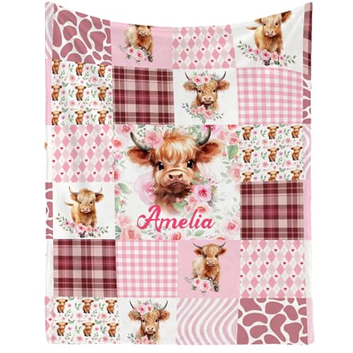 Image of Personalized Highland Cows Blankets,Custom Cow Gifts for Girls Boys,Soft Lighweight Flannel Cow Throw Blanket with Name,30 inchx40 inch