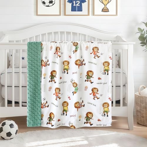 Image of BORITAR Soccer Baby Blanket Double Layer Dotted Lion Print 30 x 40 Inch | Super Soft Plush Minky Blanket for Boys Unisex for Newborn Infant Toddler Nursery Crib Stroller Car Pet Shower Gift