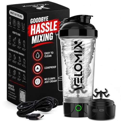 VELOMIX 24oz Electric Protein Shaker Bottle for Protein Mixes, Colorless