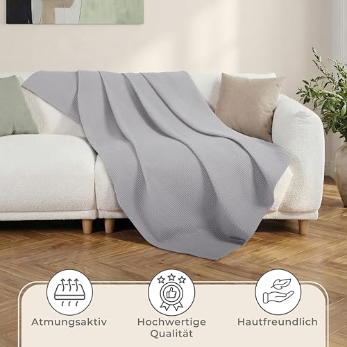 LAYNENBURG Premium Tagesdecke 150 x 200 cm - Waffelpique 100% Baumwolle - leichte Sommerdecke Waffeloptik - Baumwolldecke als Bett-Überwurf, Sofa-Überwurf, Couch-Überwurf - Sofa-Decke (grau)
