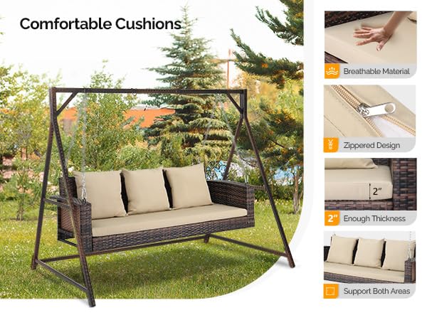 Image of VINGLI 5FT Wicker Swing, Rattan Porch Swing, Outdoor Hanging Seat, Brown