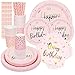 NINEFO Piatti Bicchieri Festa Compleanno, 120 Piatti Carta Rosa, Tovaglioli, Bicchieri di Carta e Cannucce, Adatti per Forniture per Feste di Compleanno di Bambini, Ragazze e Donne